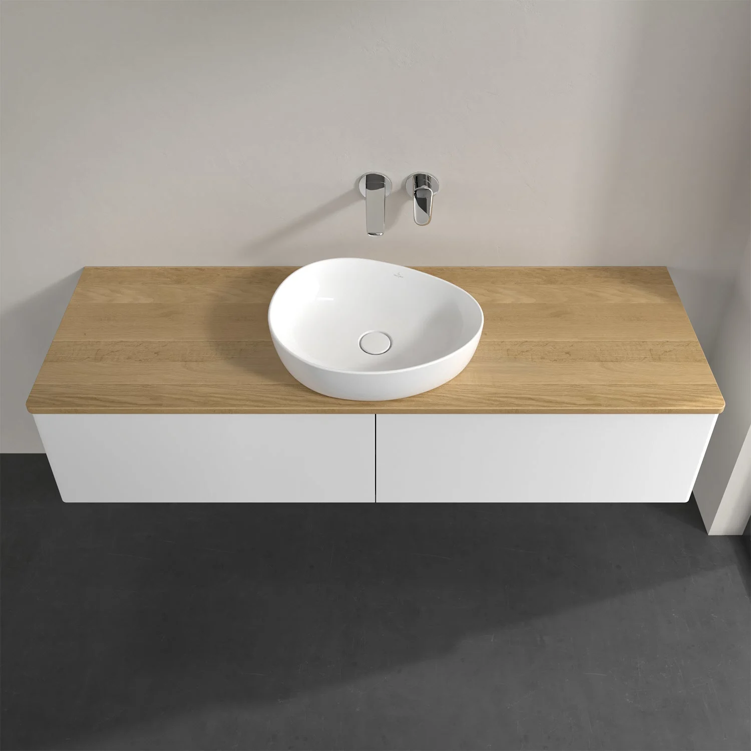 Umywalka z jasnym drewnianym blatem i białą umywalką, Villeroy & Boch