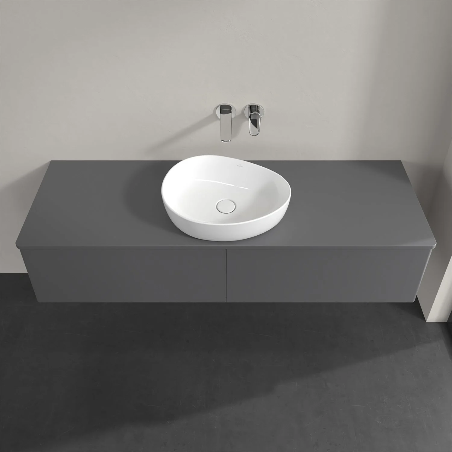 Szara umywalka z nablatową umywalką z góry, Villeroy & Boch