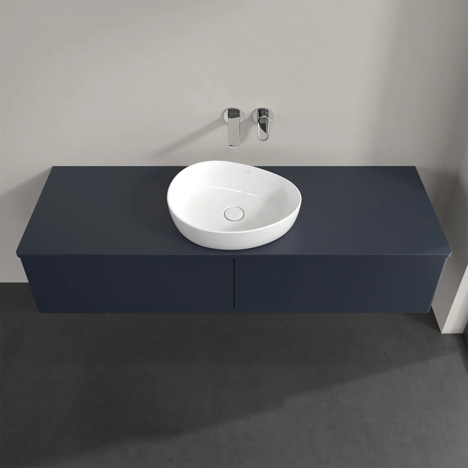 Ciemnoniebieska umywalka z nablatową umywalką z góry, Villeroy & Boch