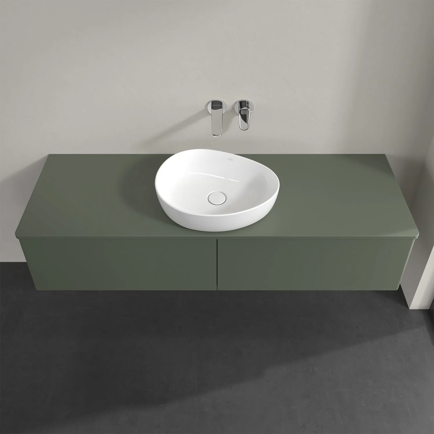Zielona umywalka z baterią widziana z góry, Villeroy & Boch
