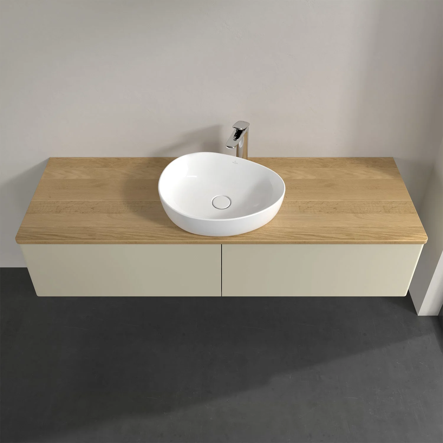 Drewniana umywalka z białą szafką z góry, Villeroy & Boch