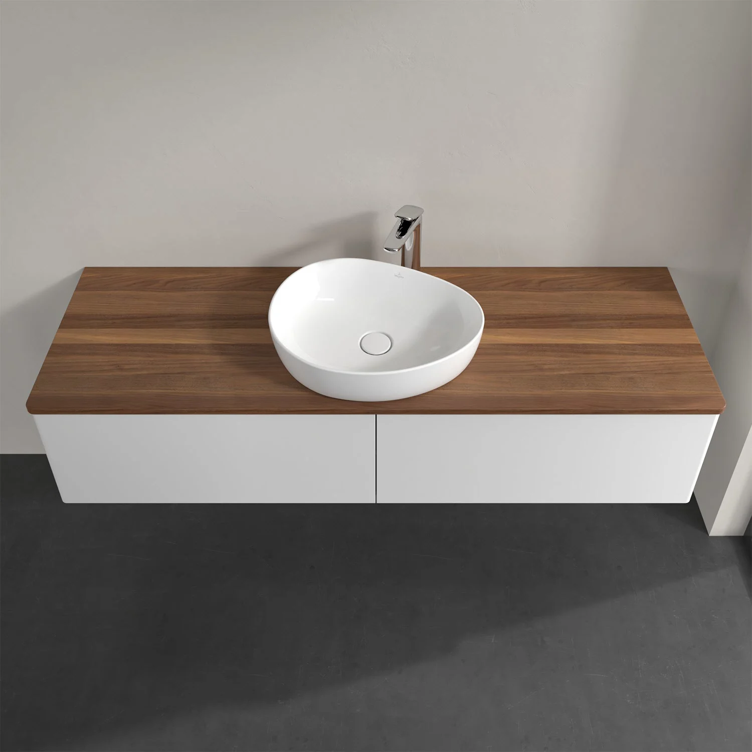 Umywalka z drewnianym blatem i białą umywalką, Villeroy & Boch