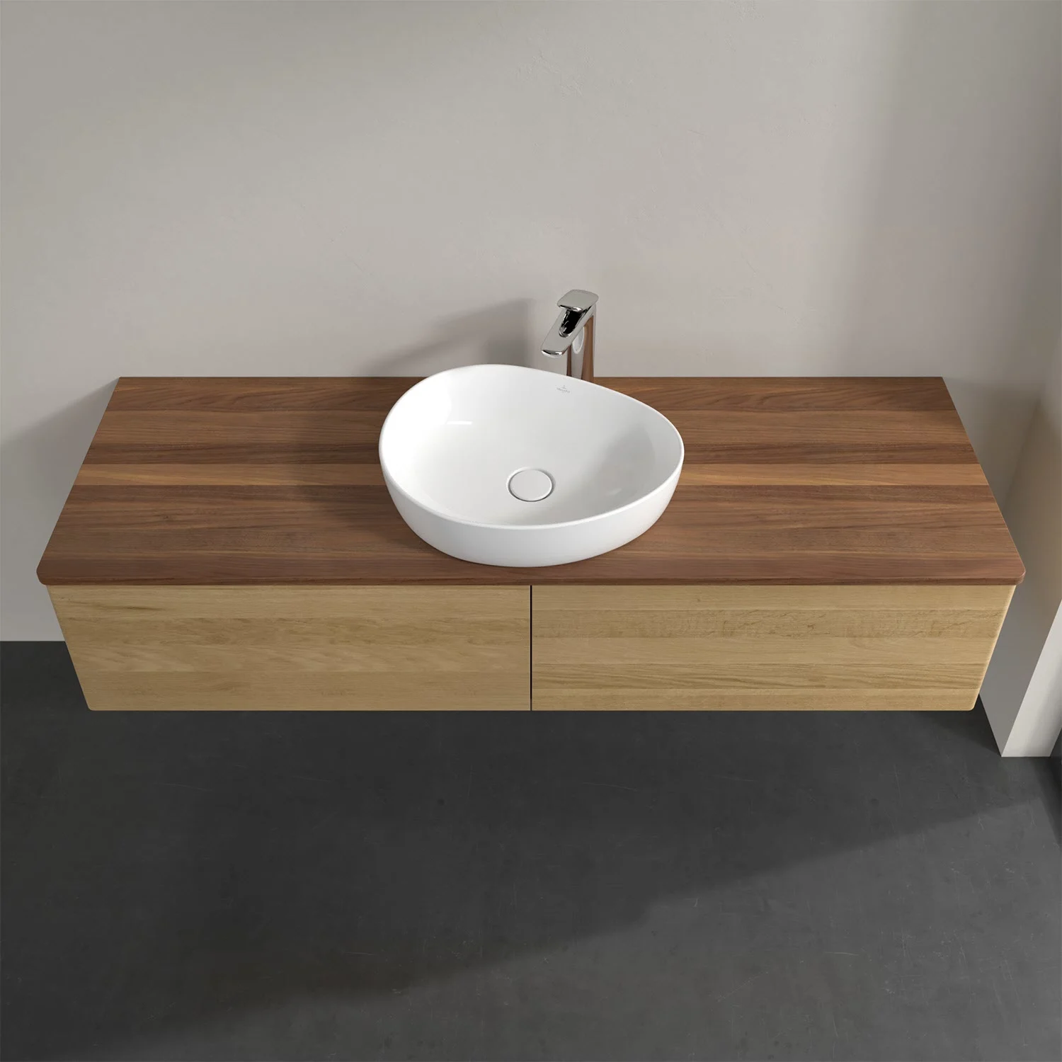 Umywalka z drewnianą powierzchnią i białą umywalką, Villeroy & Boch