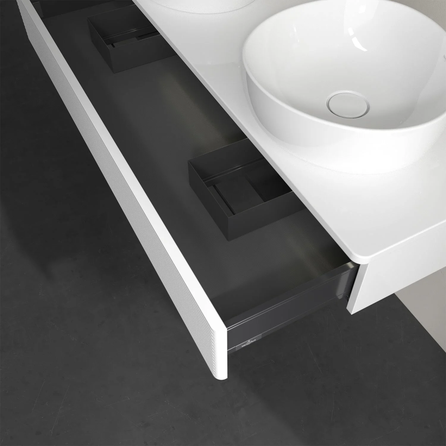 Szara szuflada z umywalką zbliżenie, Villeroy & Boch