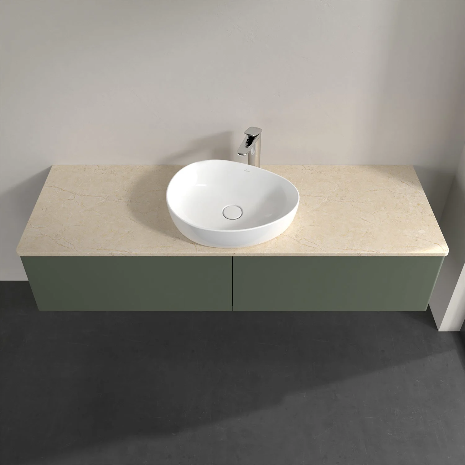 Beżowa umywalka na zielonej szafce, Villeroy & Boch