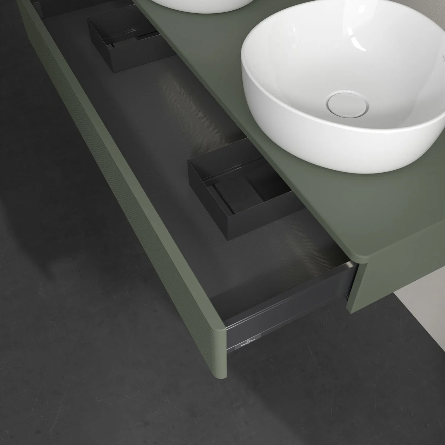 Otwarta szuflada zielonej umywalki, Villeroy & Boch