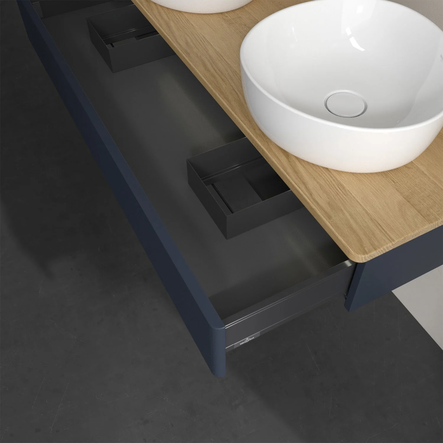 Umywalka z drewnianym blatem i otwartą szufladą, Villeroy & Boch
