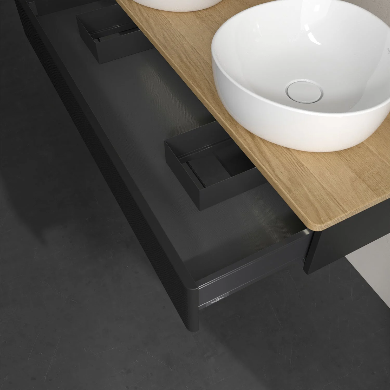 Otwarta szuflada pod umywalką z drewnianą powierzchnią, Villeroy & Boch