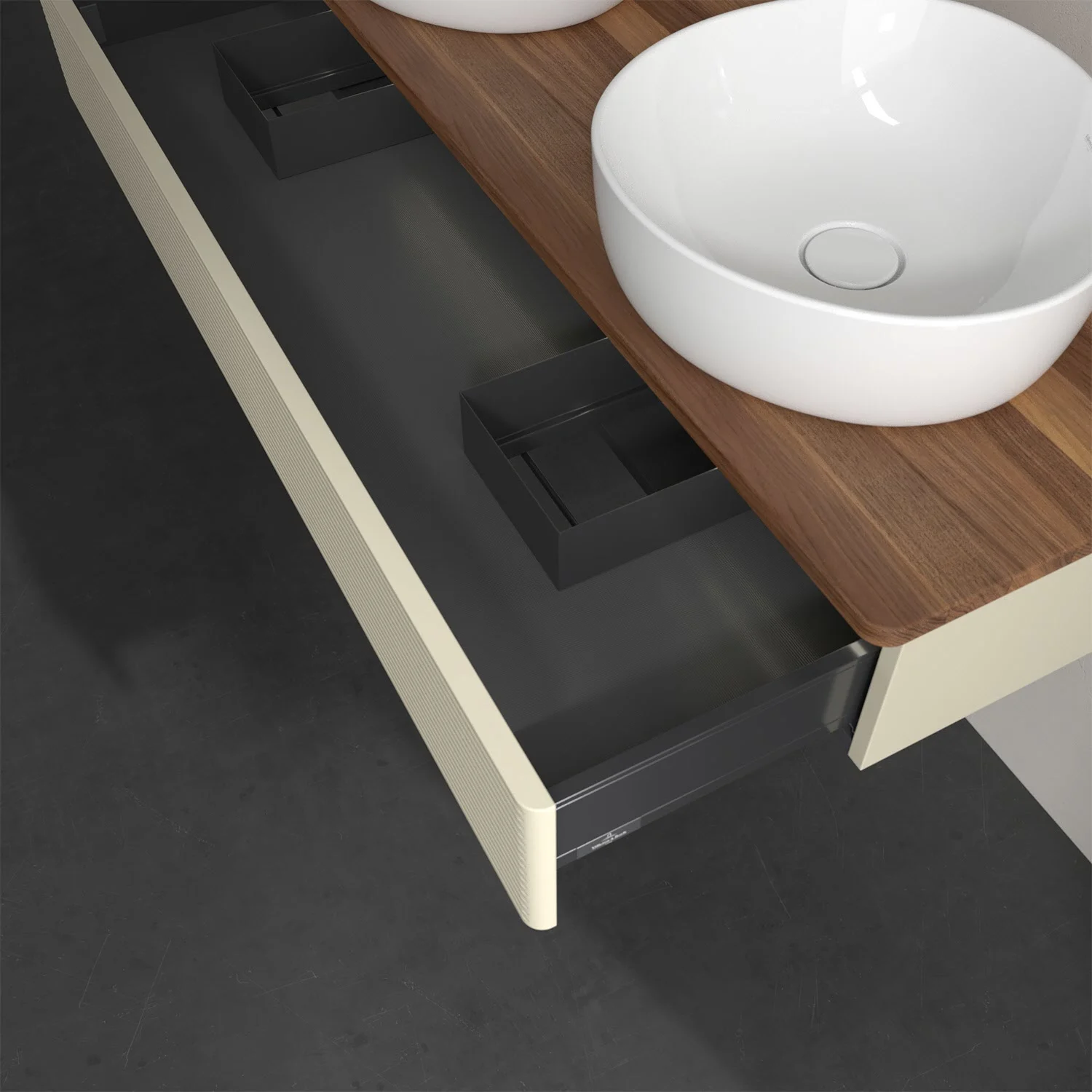Zbliżenie otwartej szuflady pod umywalką, Villeroy & Boch