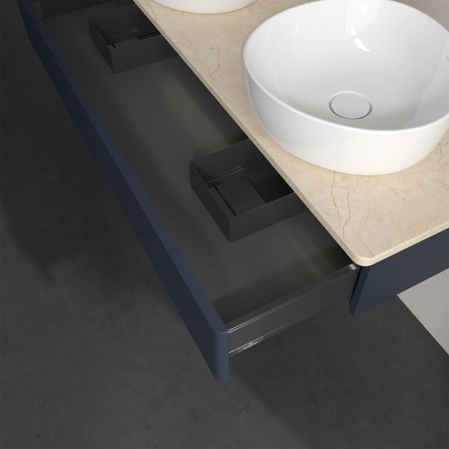 Otwarta szuflada pod beżową umywalką z zlewem, Villeroy & Boch