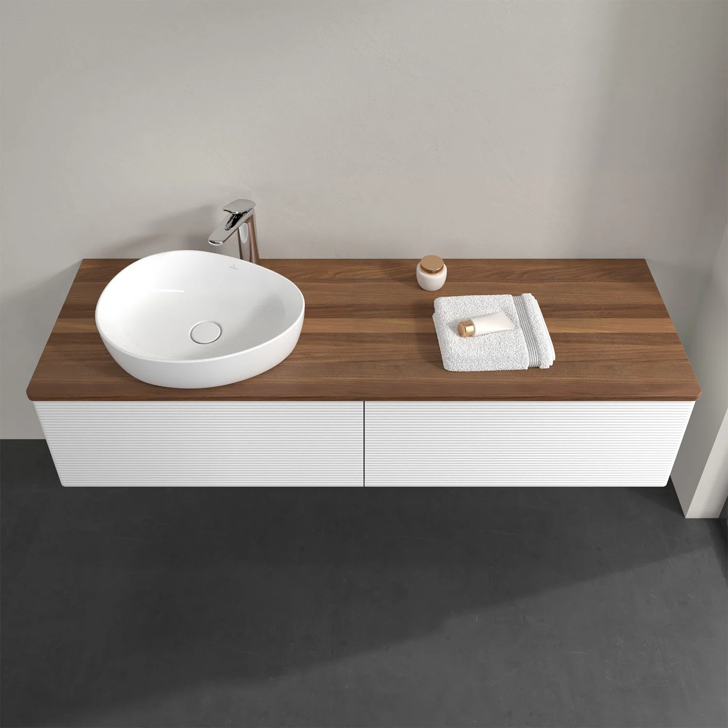 Umywalka z białą szafką i drewnianą powierzchnią, Villeroy & Boch
