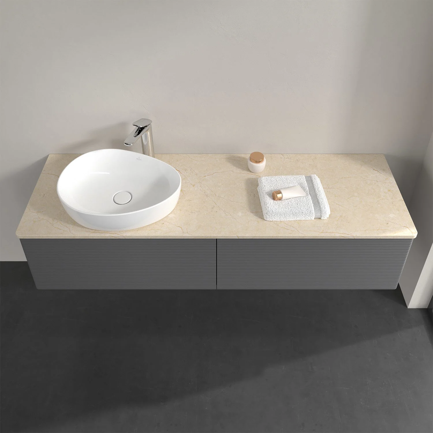 Umywalka z szarą szafką i zlewem, Villeroy & Boch