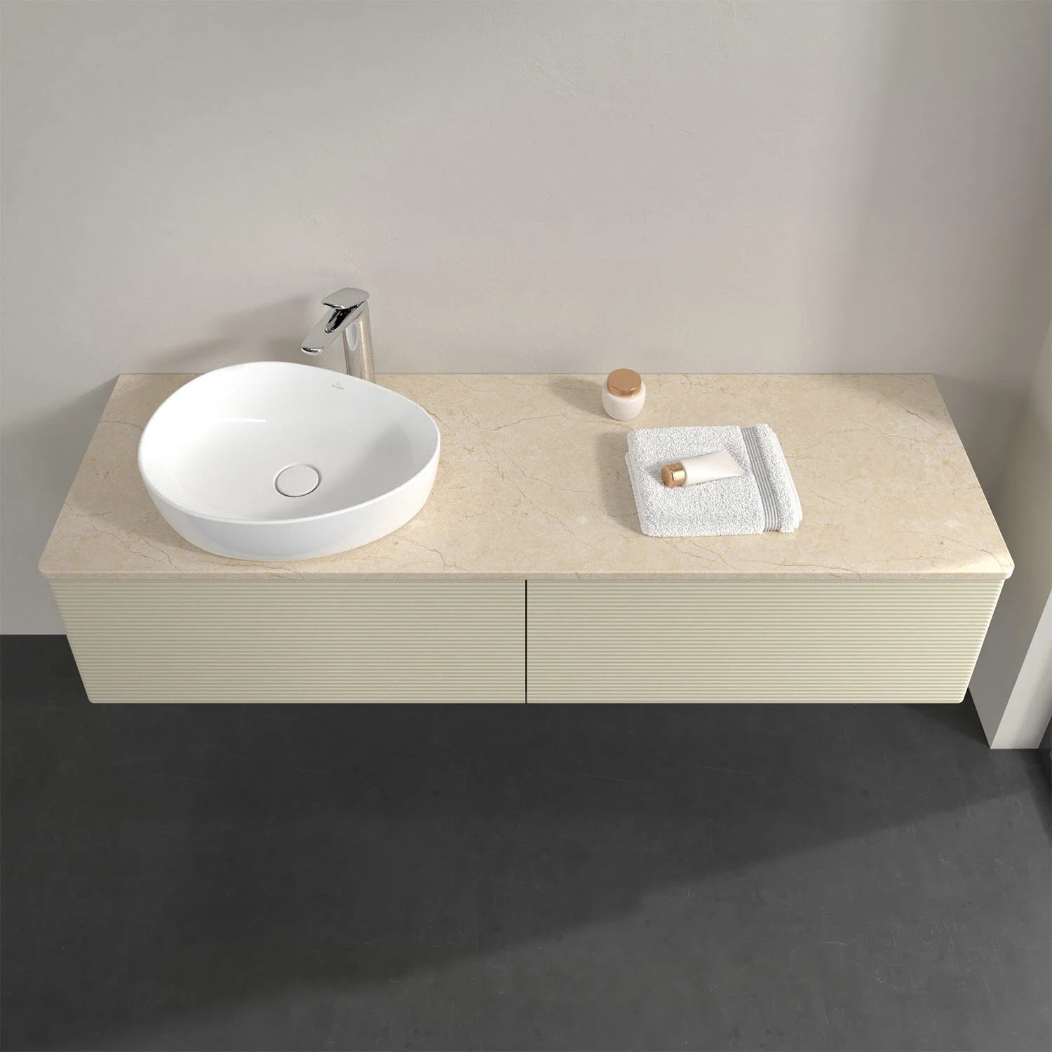 Beżowa umywalka z umywalką i ręcznikiem, Villeroy & Boch