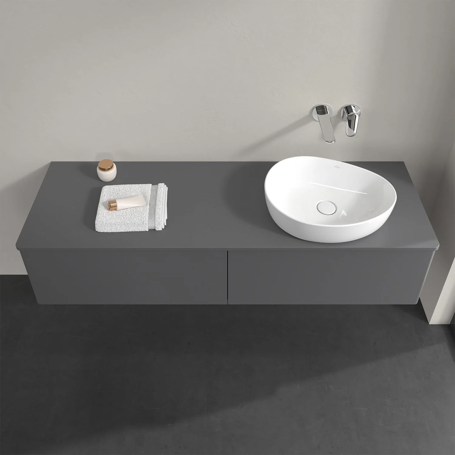Umywalka z szarą szafką i zlewem, Villeroy & Boch