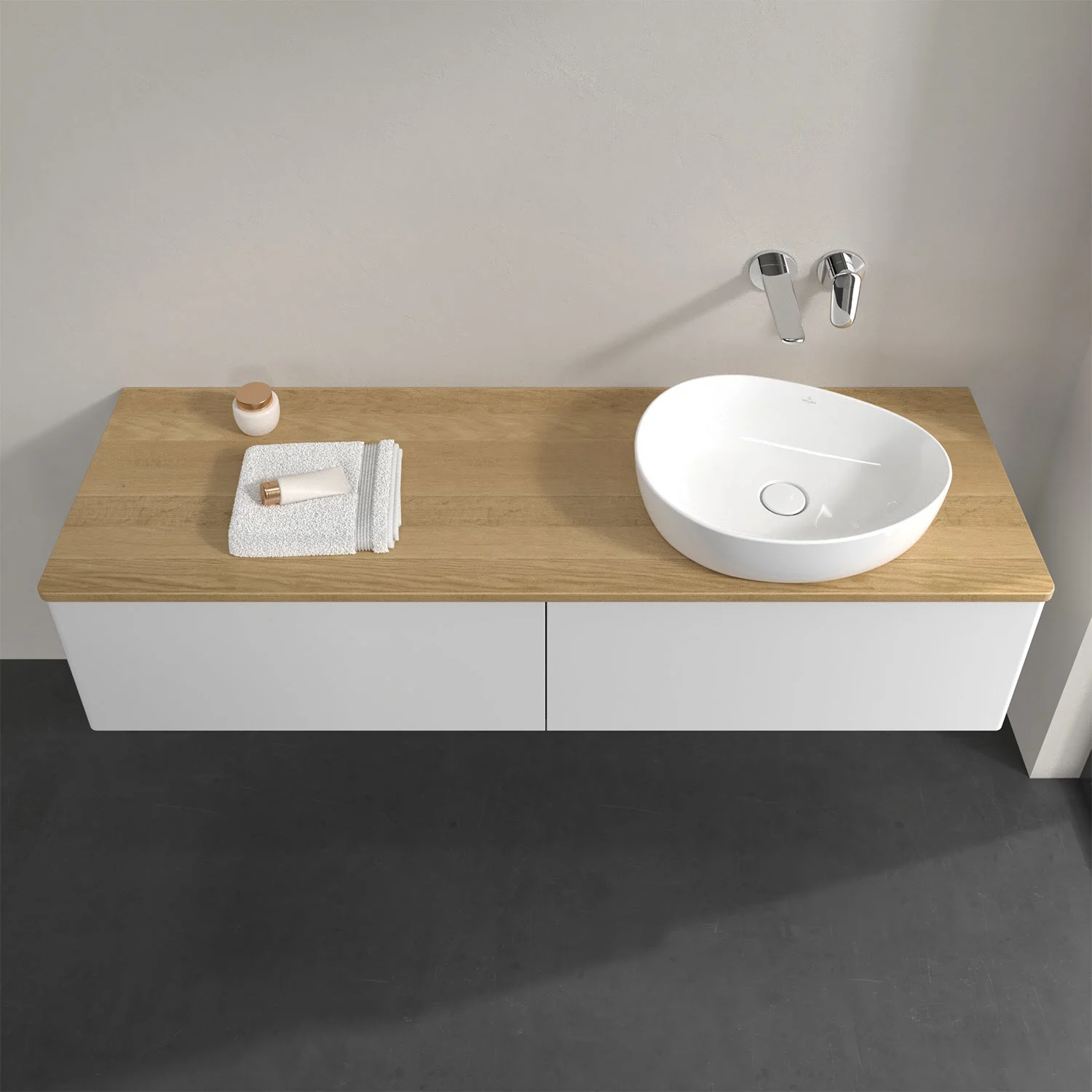 Umywalka z białą misą i ręcznikiem, Villeroy & Boch
