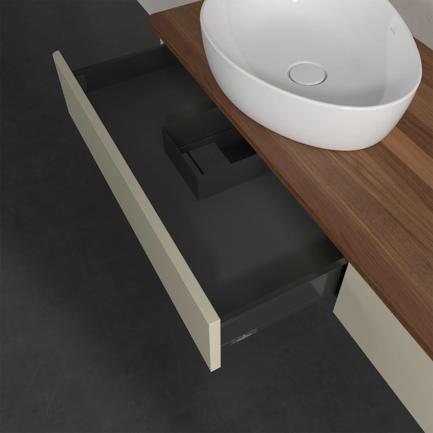 Otwarta szuflada pod umywalką z drewnianym blatem, Villeroy & Boch