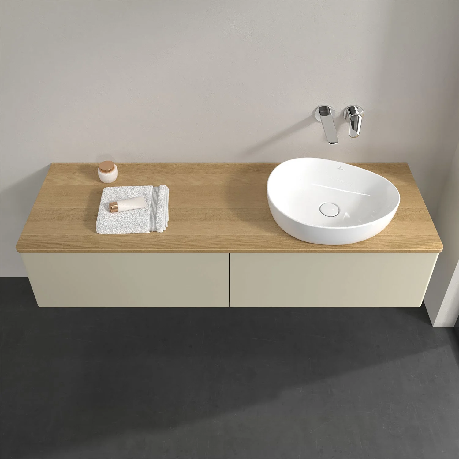 Umywalka z drewnianym blatem i kremową szafką, Villeroy & Boch