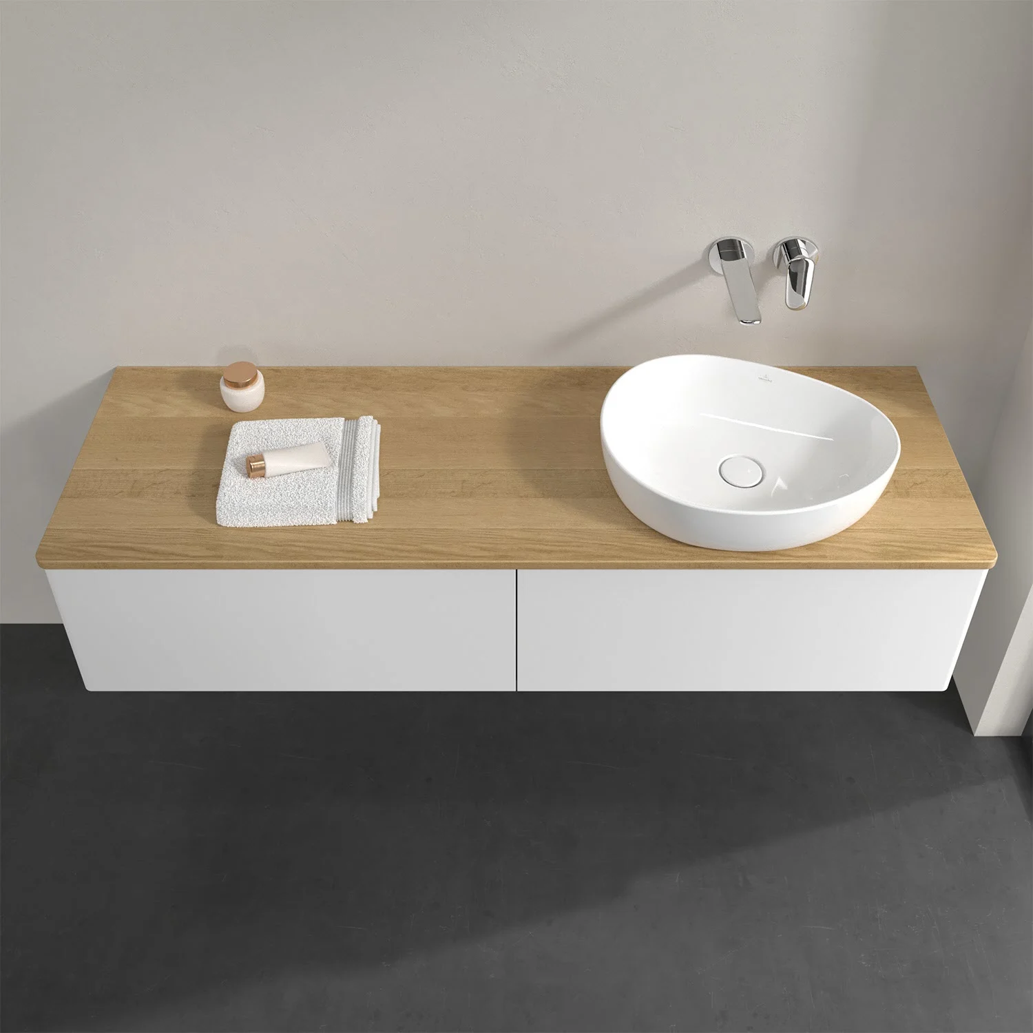Umywalka z białą szafką i drewnianym blatem, Villeroy & Boch