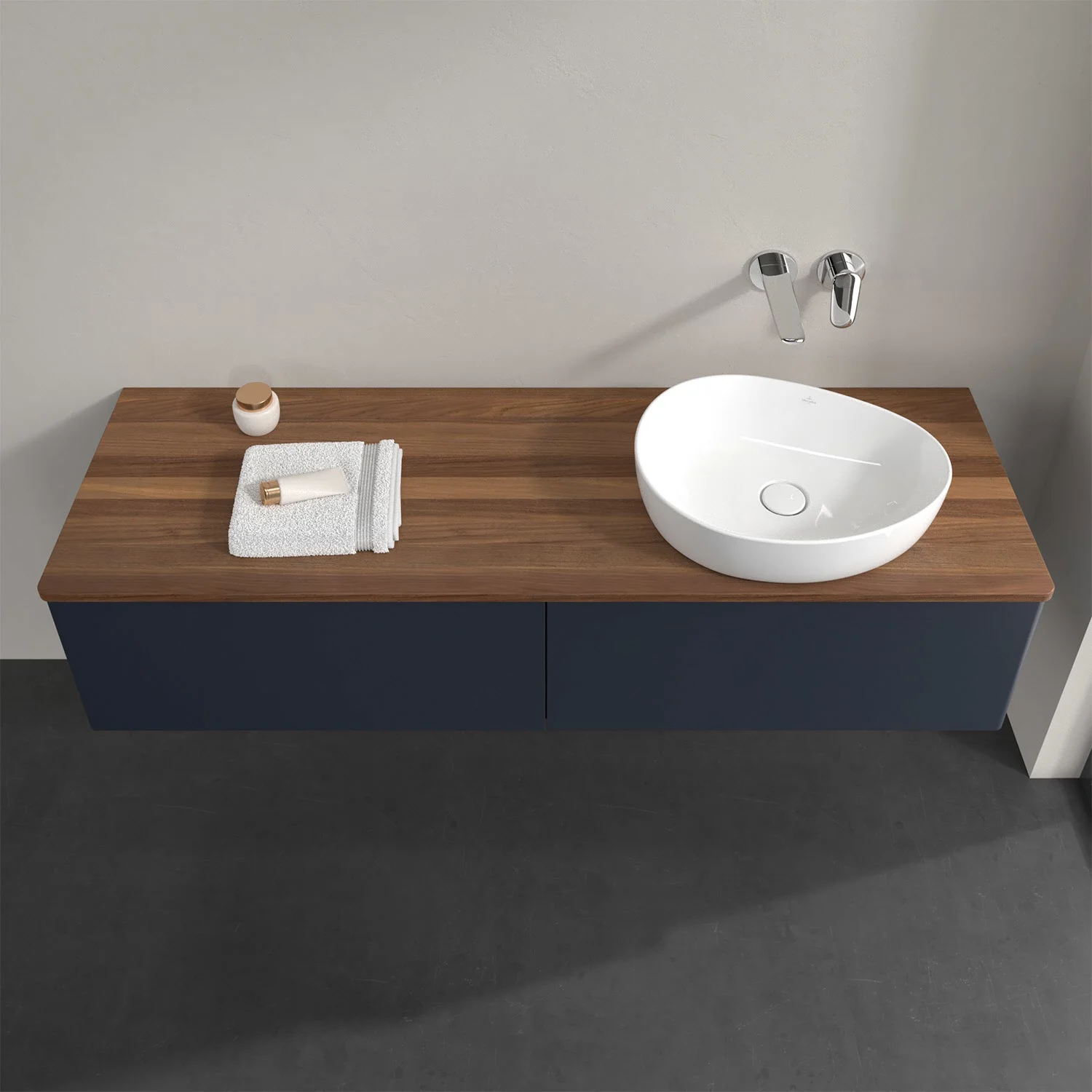 Umywalka z drewnianym blatem i białą umywalką, Villeroy & Boch