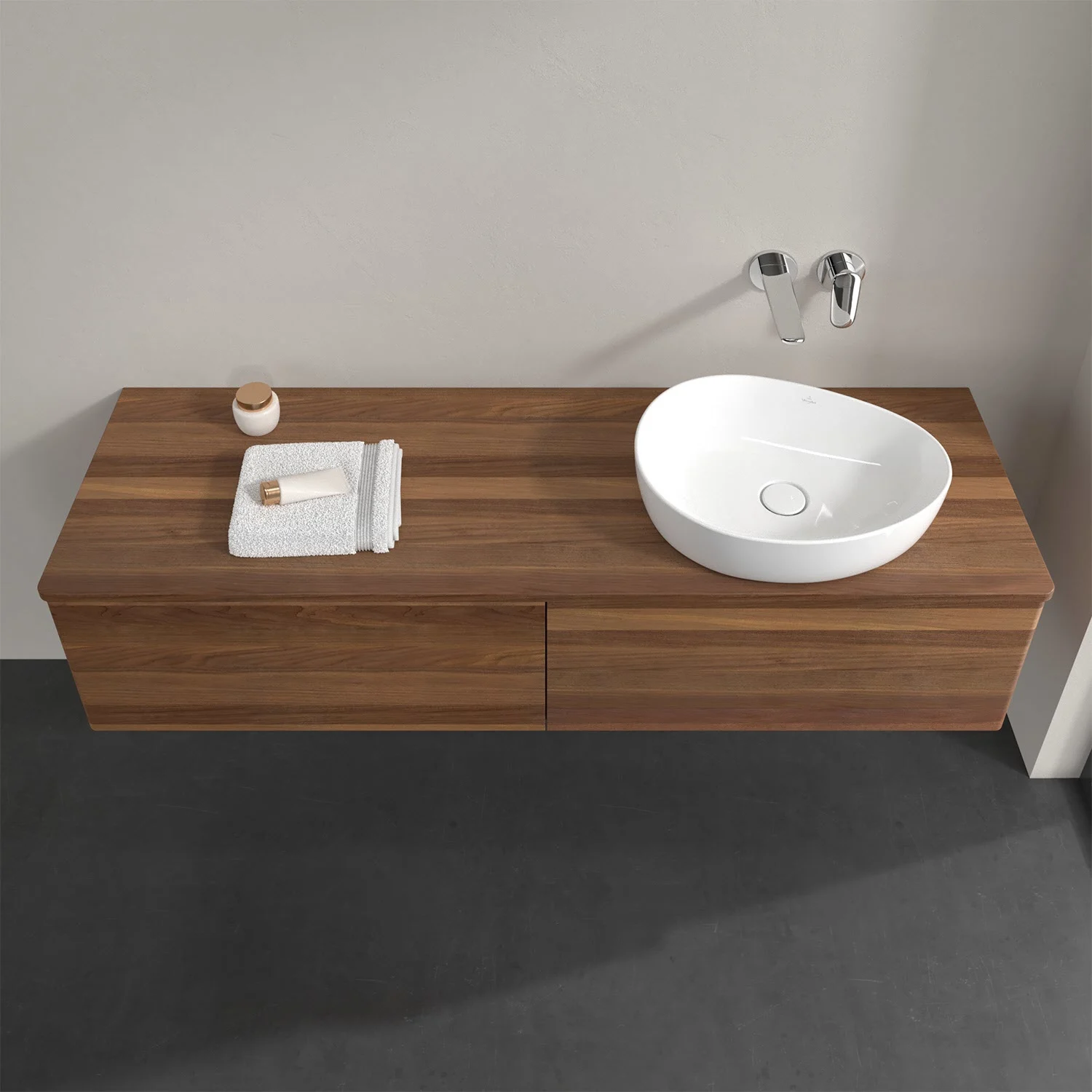 Drewniana umywalka z umywalką nablatową i ręcznikiem, Villeroy & Boch