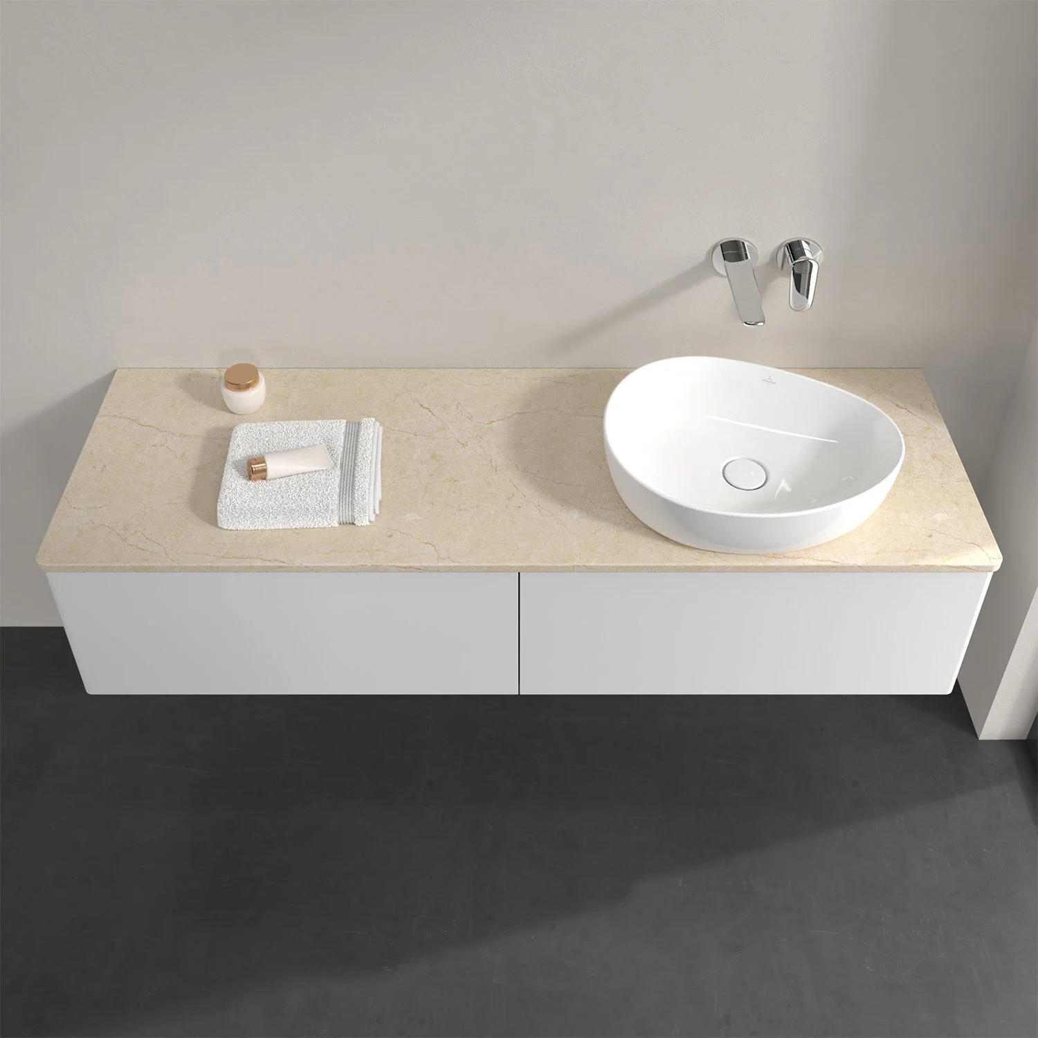 Umywalka z białą umywalką i ręcznikiem, Villeroy & Boch