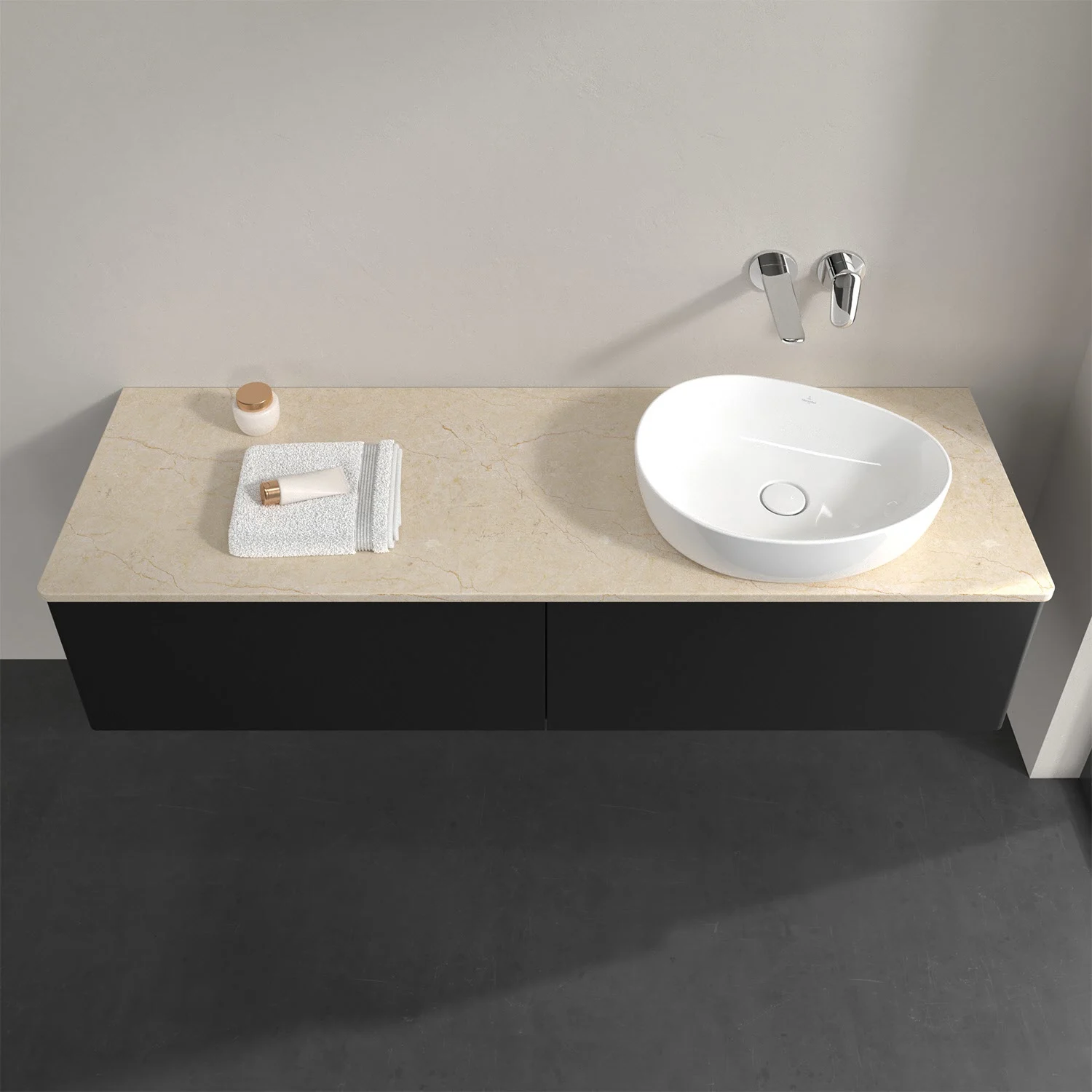 Biała umywalka na beżowej szafce w łazience, Villeroy & Boch