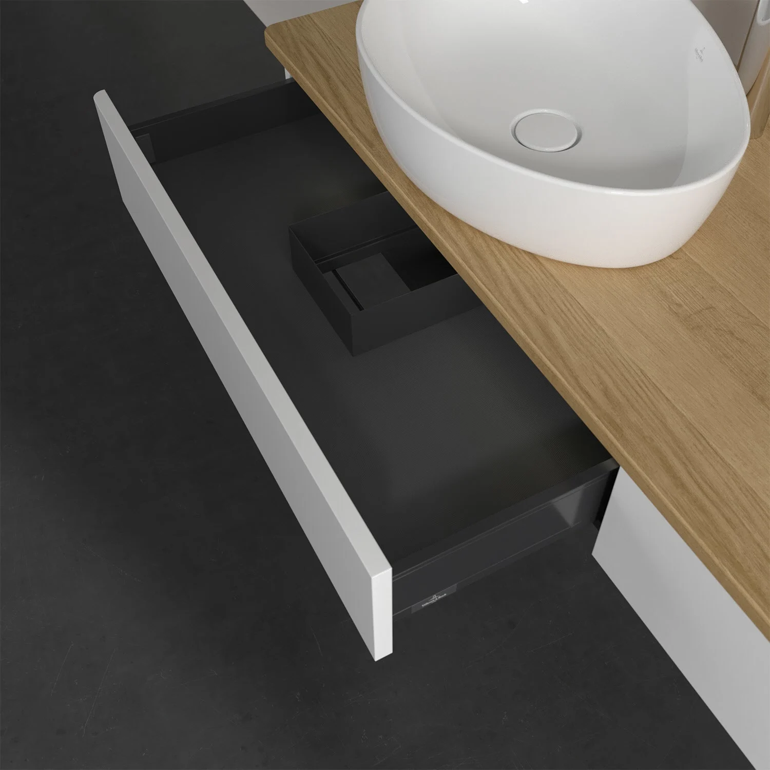 Umywalka na drewnianym blacie z białą szufladą, Villeroy & Boch