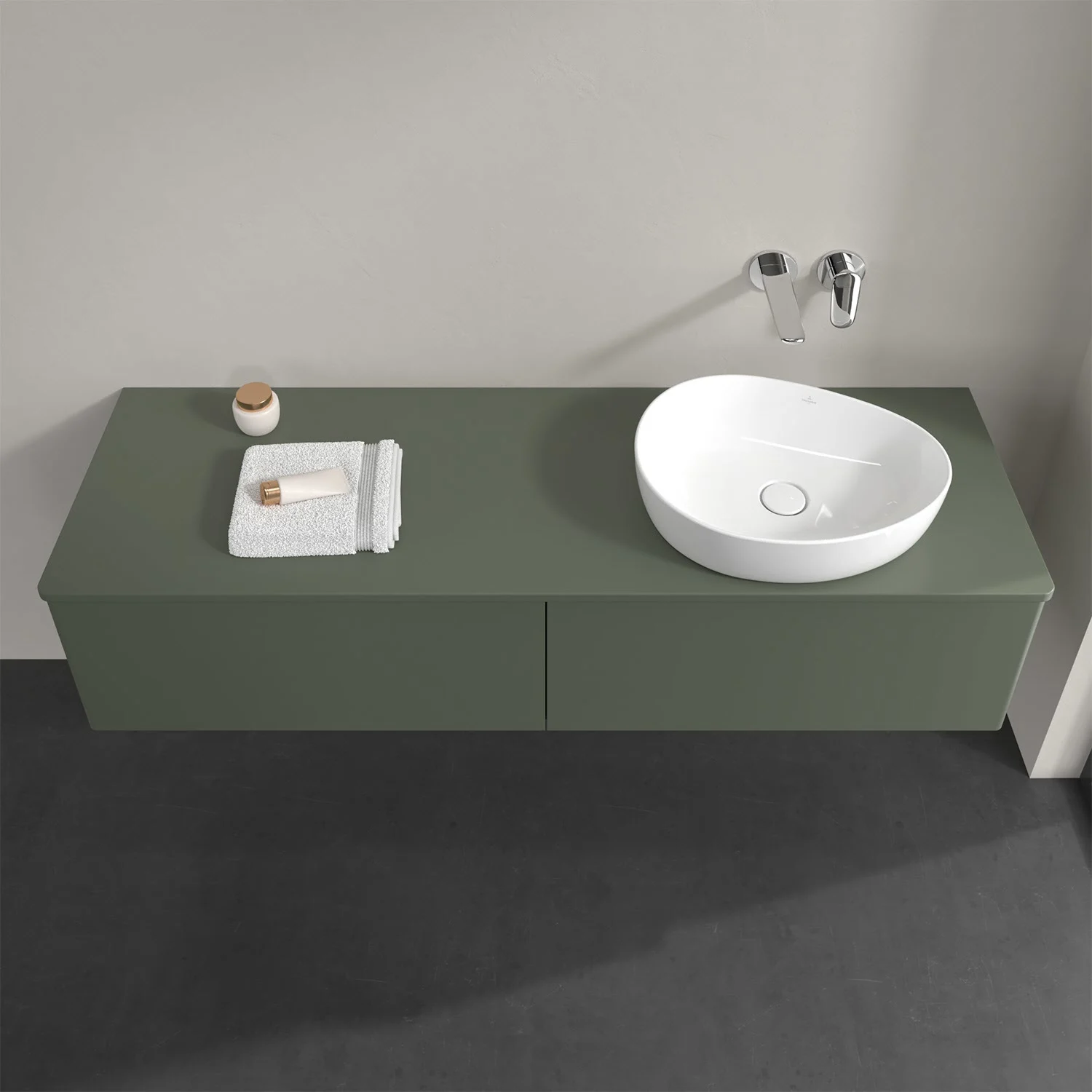 Zielona umywalka z umywalką i ręcznikiem, Villeroy & Boch