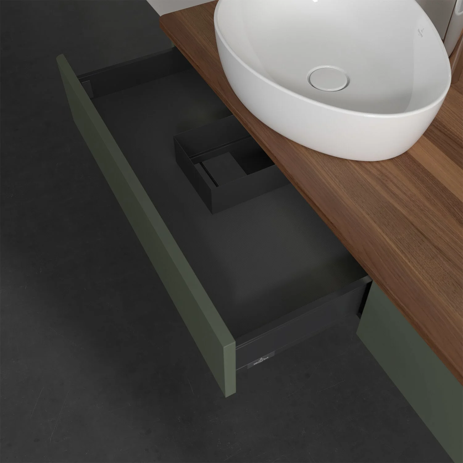 Umywalka z drewnianą powierzchnią i otwartą szufladą, Villeroy & Boch