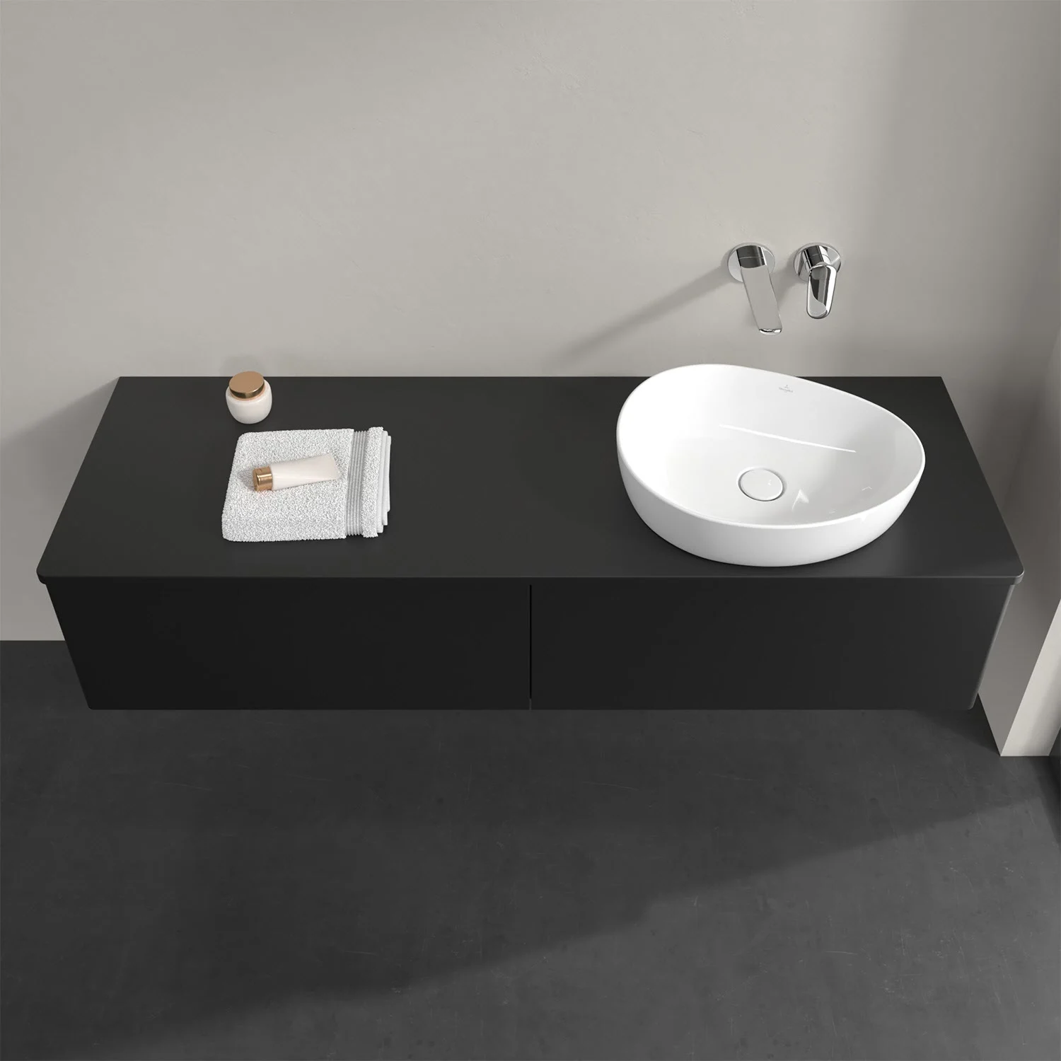 Czarna umywalka z umywalką i ręcznikiem, Villeroy & Boch