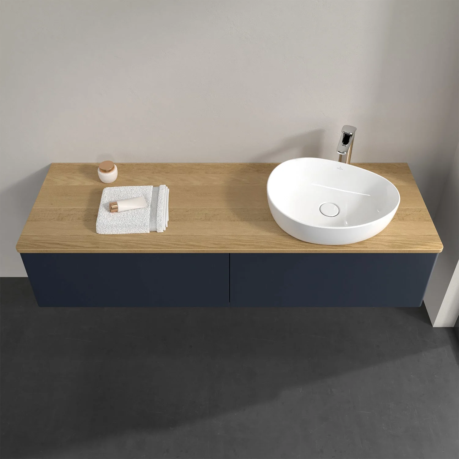 Umywalka z drewnianym blatem i białą umywalką, Villeroy & Boch