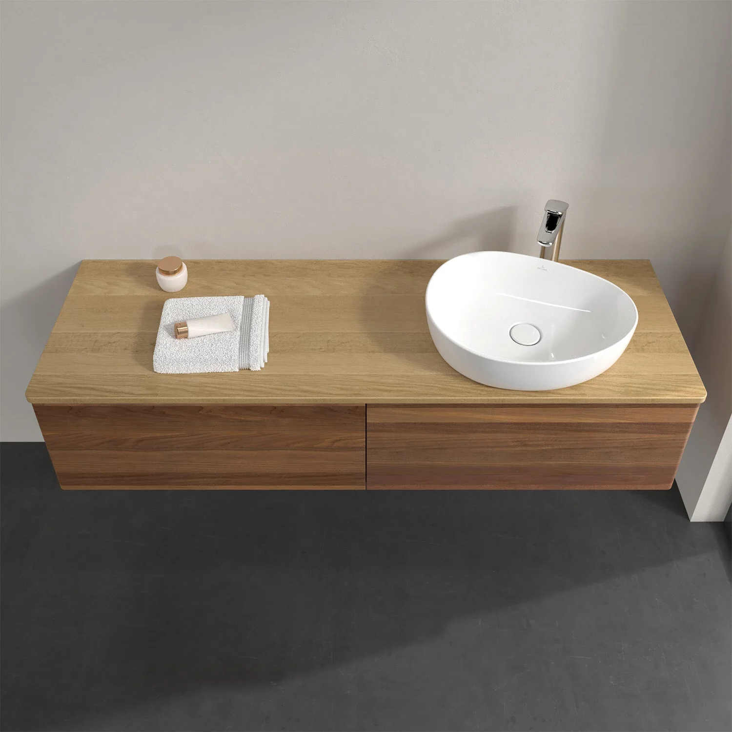 Drewniana umywalka z zlewem i ręcznikiem, Villeroy & Boch