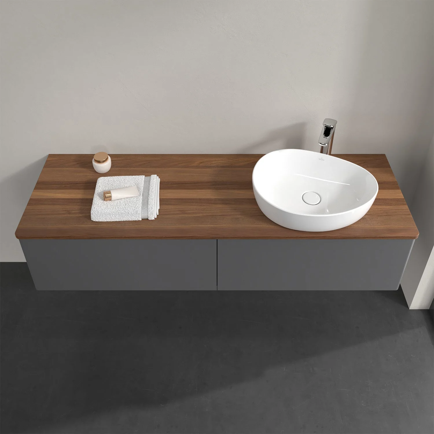 Umywalka z drewnianym blatem widziana z góry, Villeroy & Boch