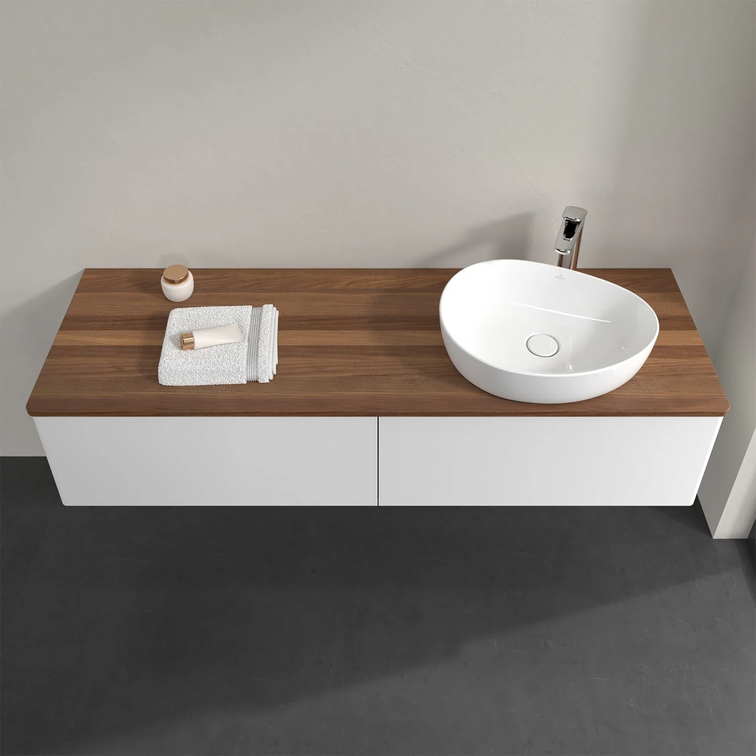 Umywalka z białą szafką i drewnianą powierzchnią, Villeroy & Boch
