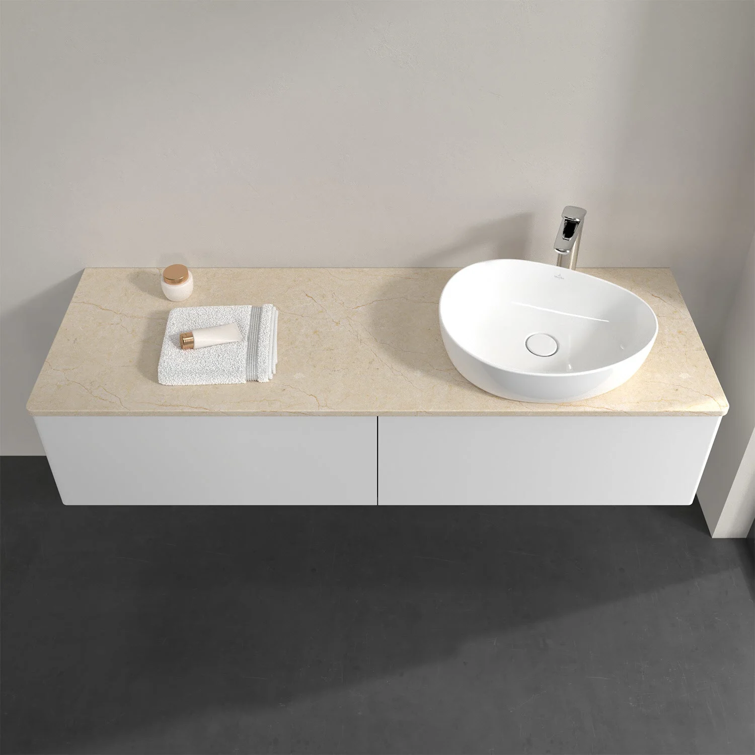 Umywalka z białą szafką i beżową umywalką, Villeroy & Boch