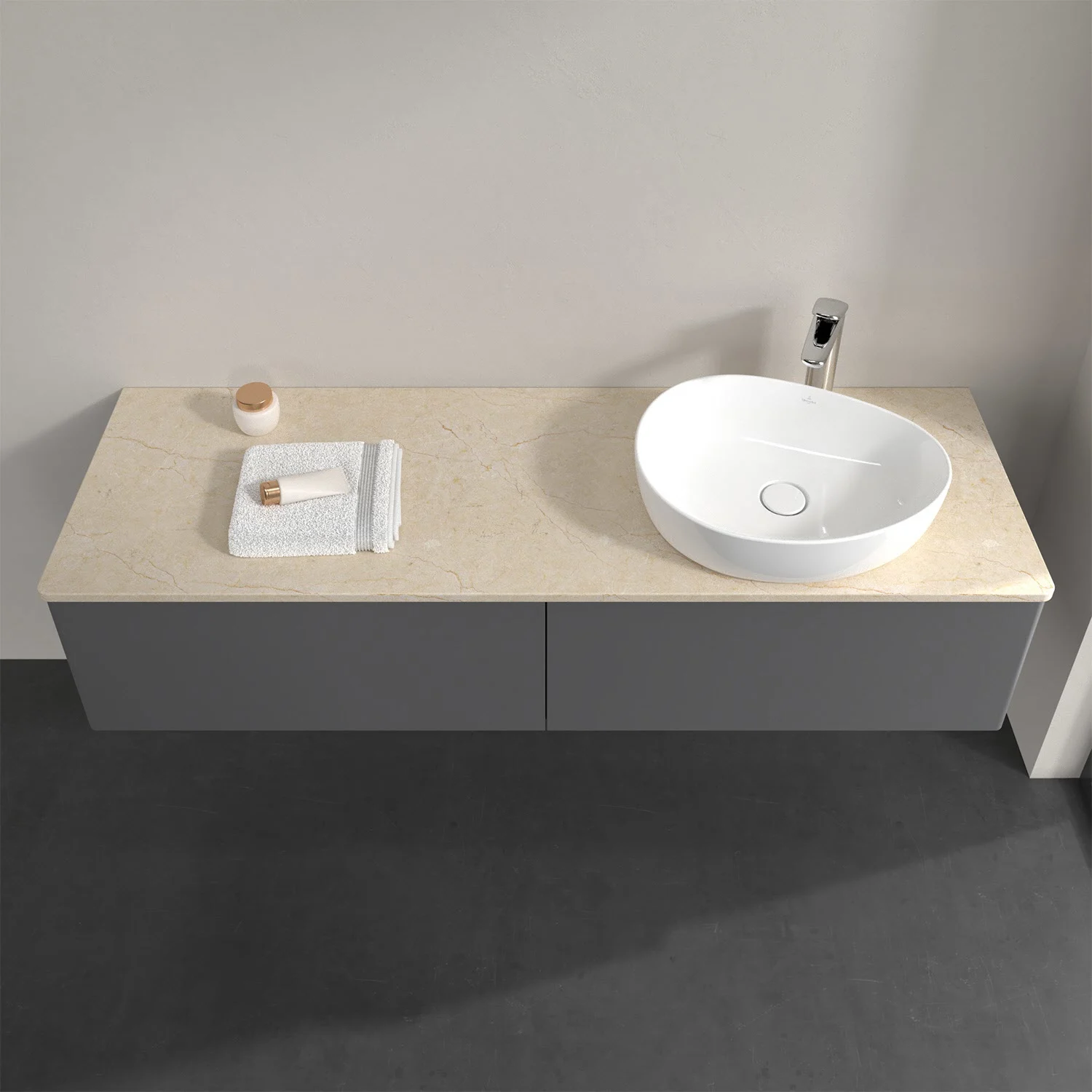 Umywalka z szarą szafką i beżową umywalką, Villeroy & Boch