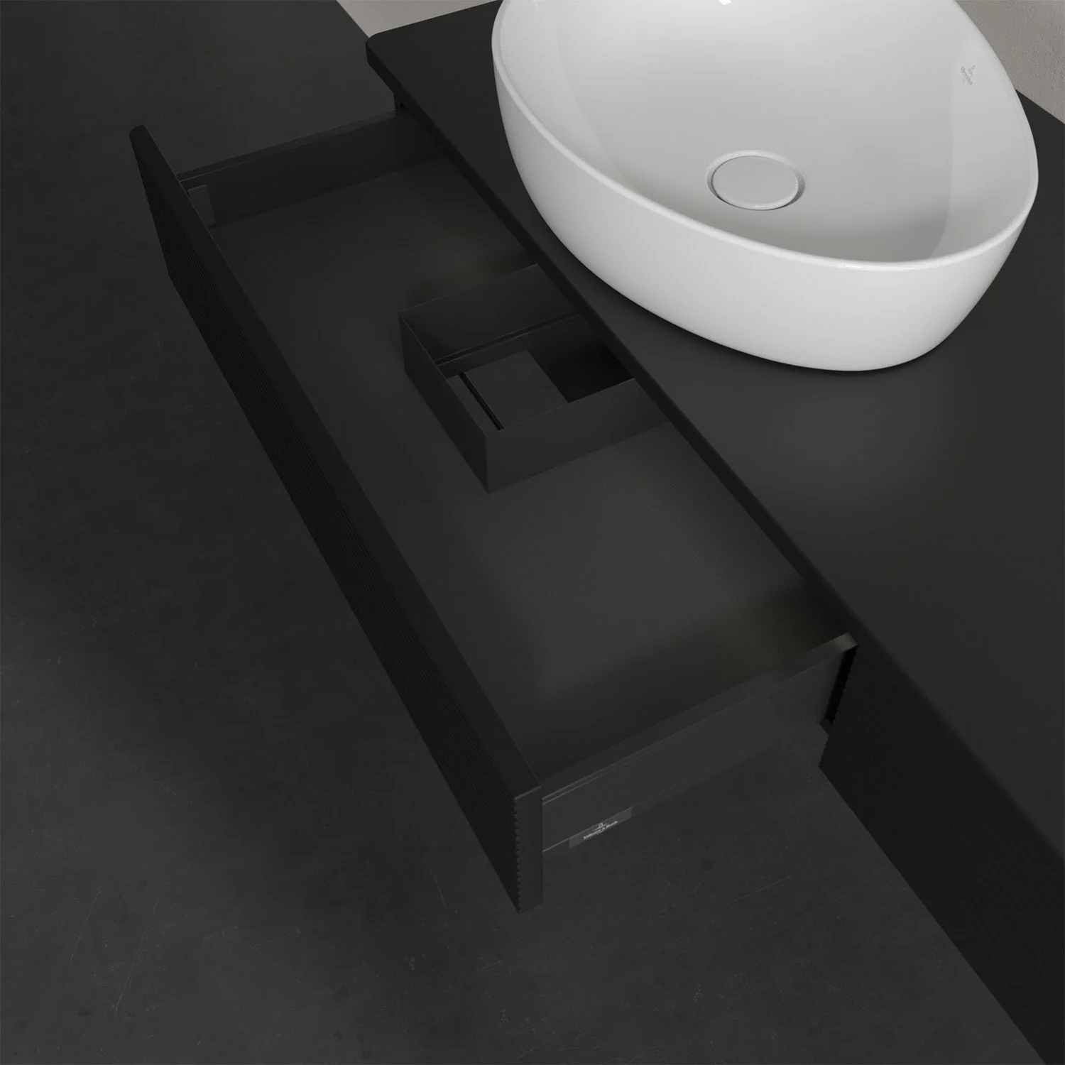 Umywalka z czarnym blatem i otwartą szufladą, Villeroy & Boch