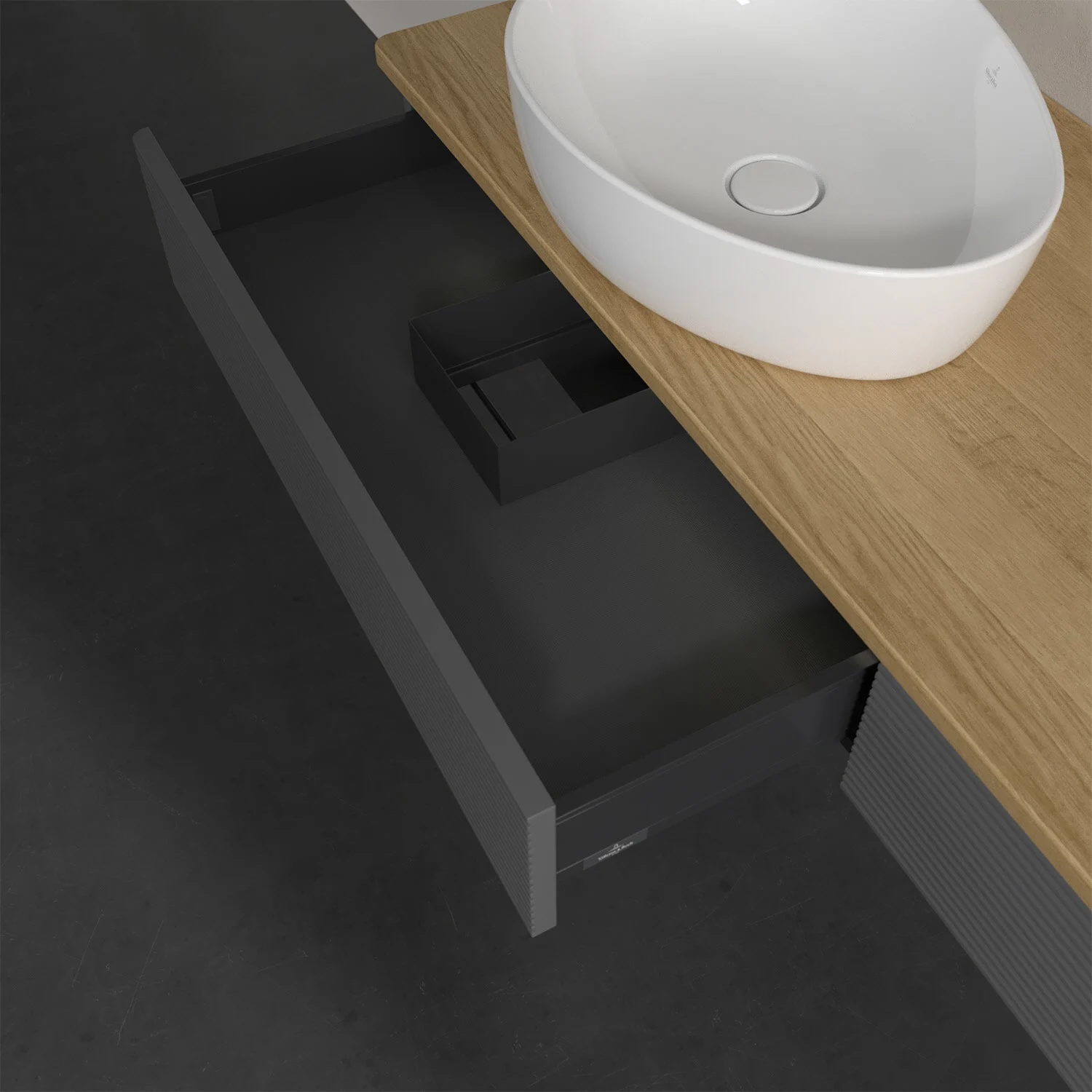 Umywalka z drewnianym blatem i otwartą szufladą, Villeroy & Boch