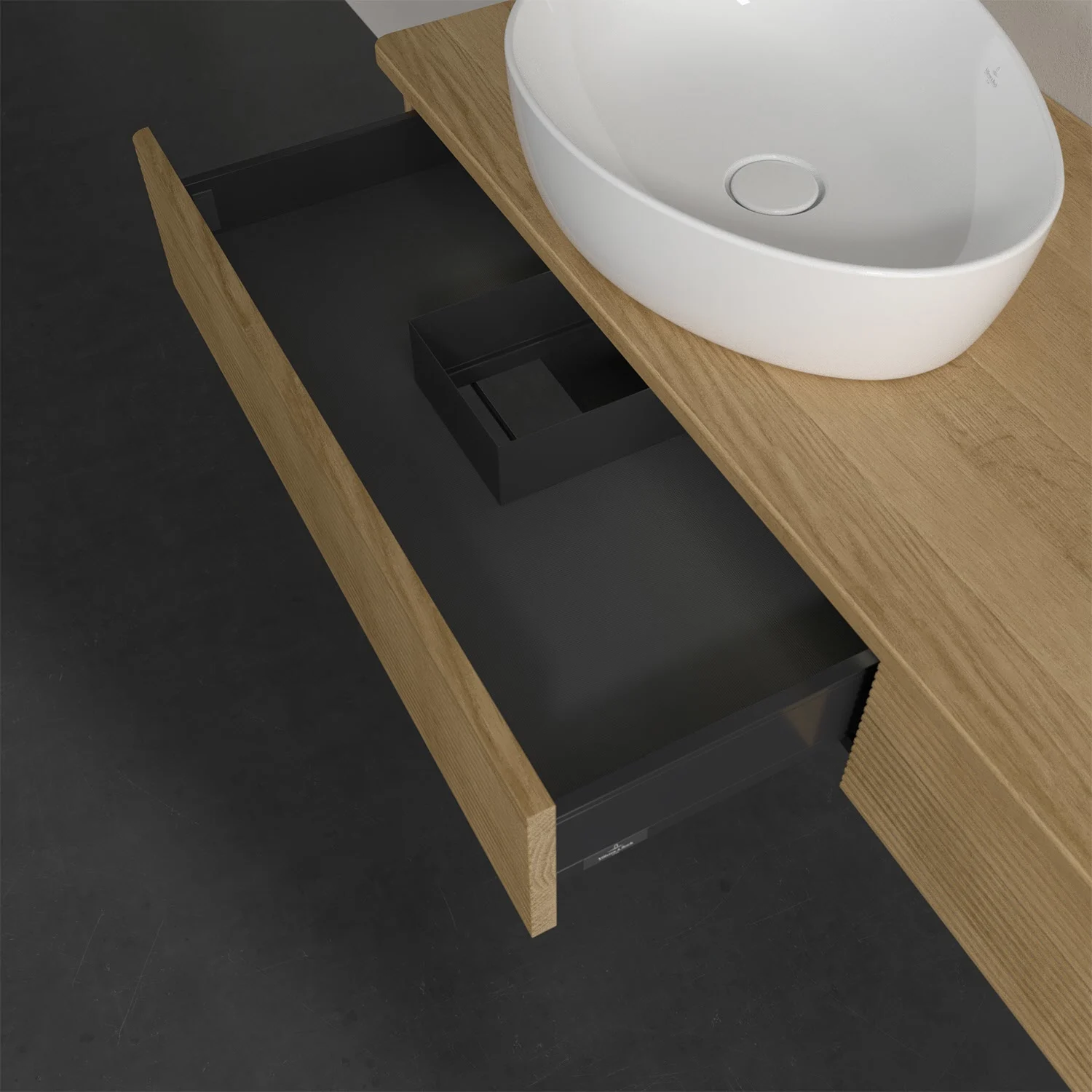Umywalka z drewnianą powierzchnią i otwartą szufladą, Villeroy & Boch
