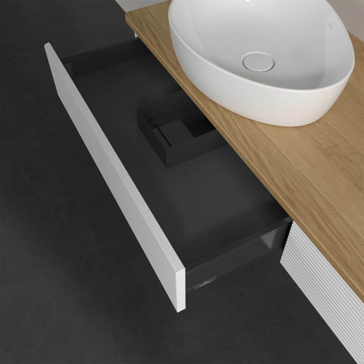 Umywalka z drewnianą powierzchnią i otwartą szufladą, Villeroy & Boch