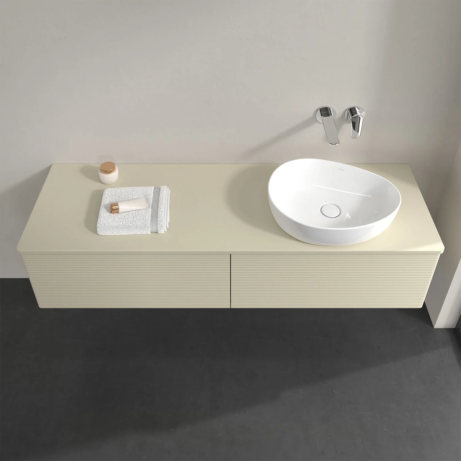 Jasne meble łazienkowe z umywalką z góry, Villeroy & Boch