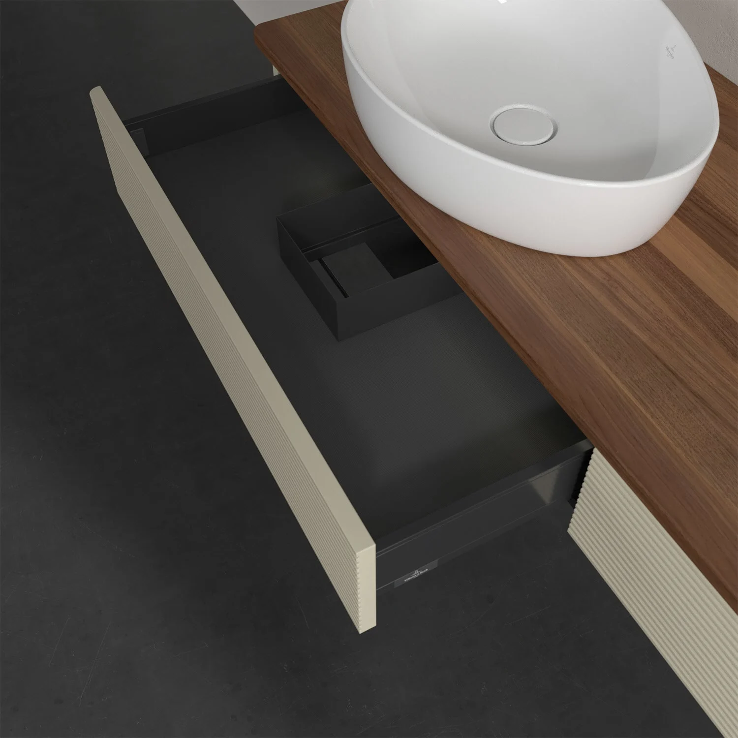 Otwarta szuflada pod umywalką widziana z góry, Villeroy & Boch