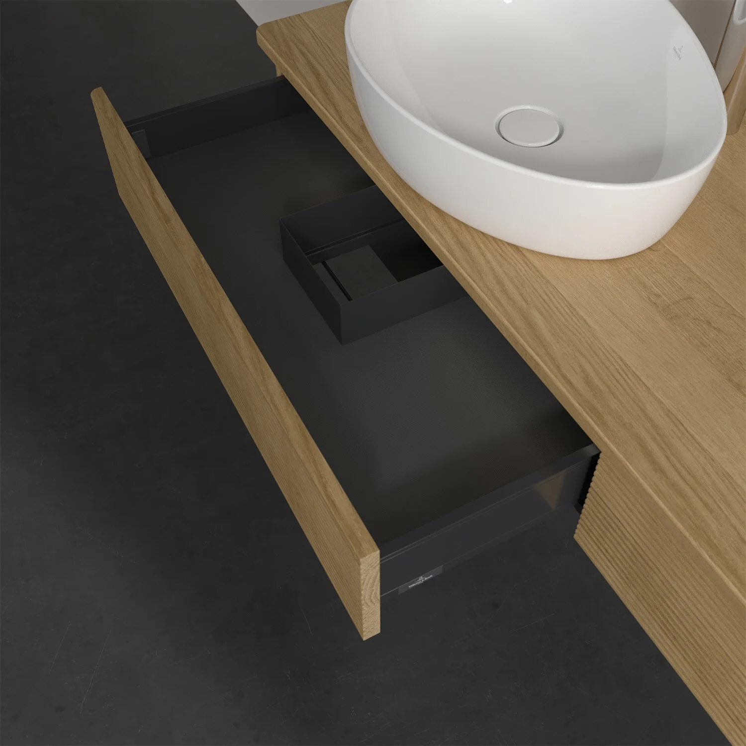Otwarta szuflada pod zlewem w drewnie, Villeroy & Boch