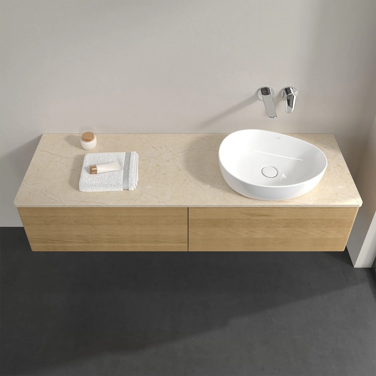 Umywalka z beżowym blatem i drewnianą szafką, Villeroy & Boch