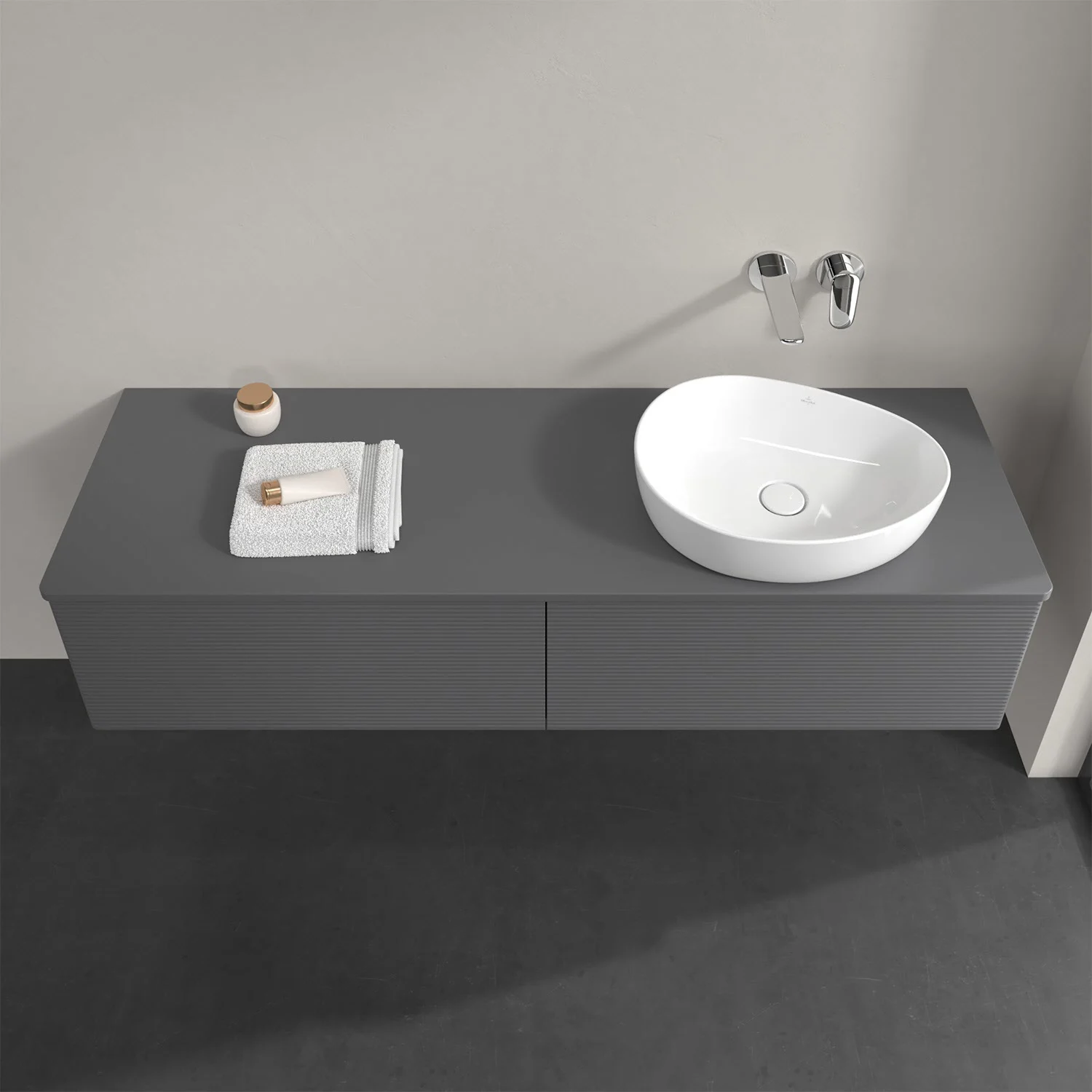 Umywalka z szarą szafką widziana z góry, Villeroy & Boch
