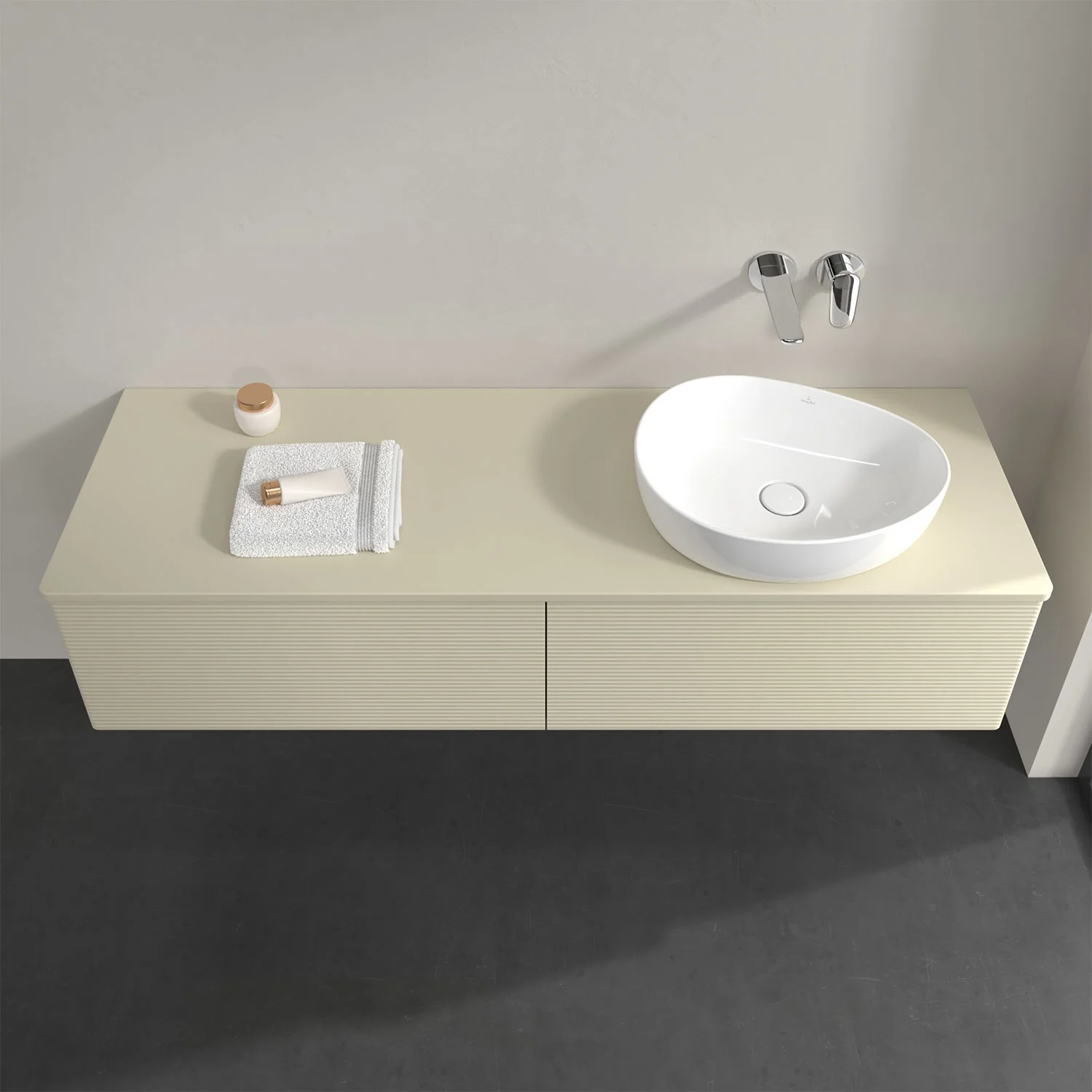 Umywalka z beżową szafką widziana z góry, Villeroy & Boch