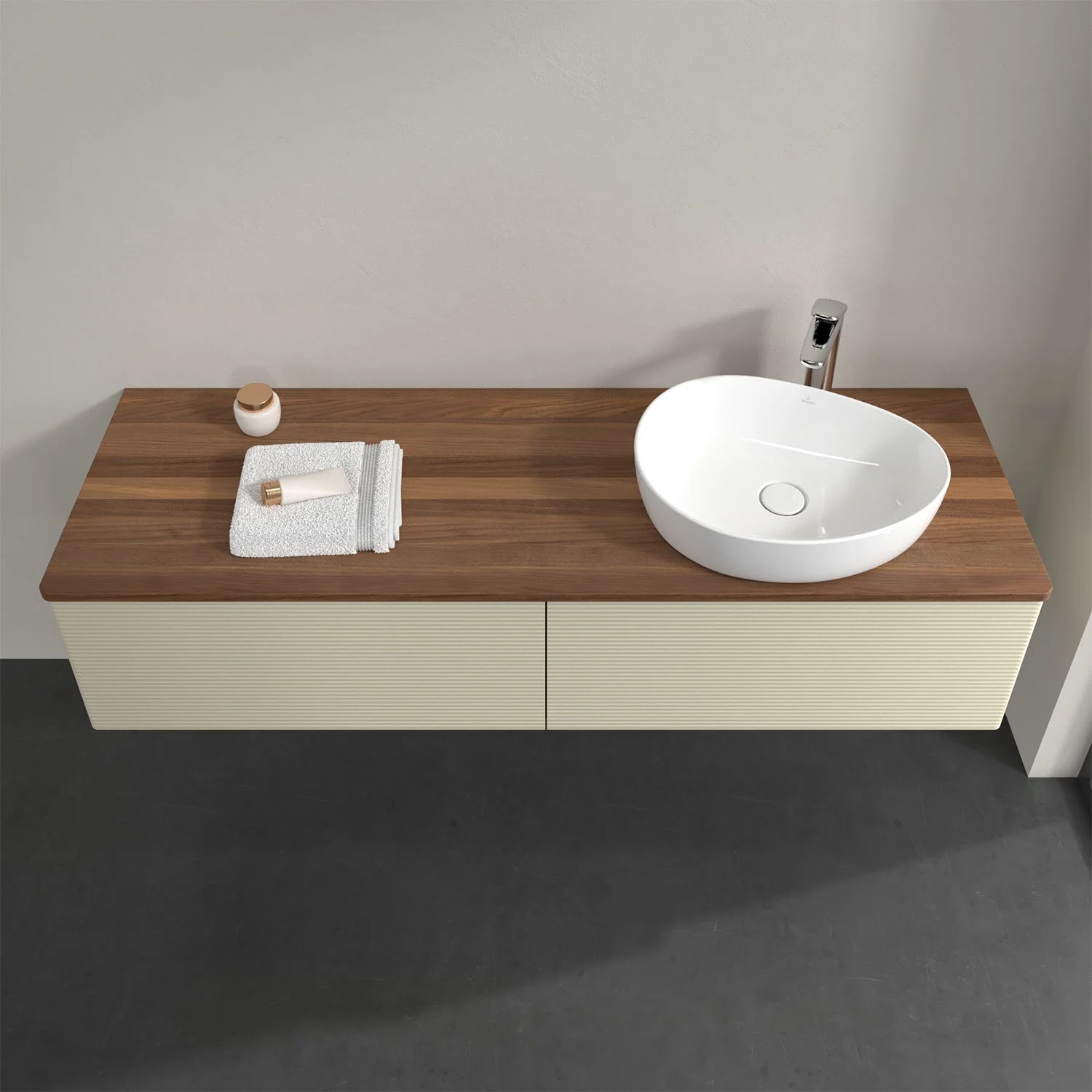 Umywalka na drewnianym blacie z ręcznikiem, Villeroy & Boch