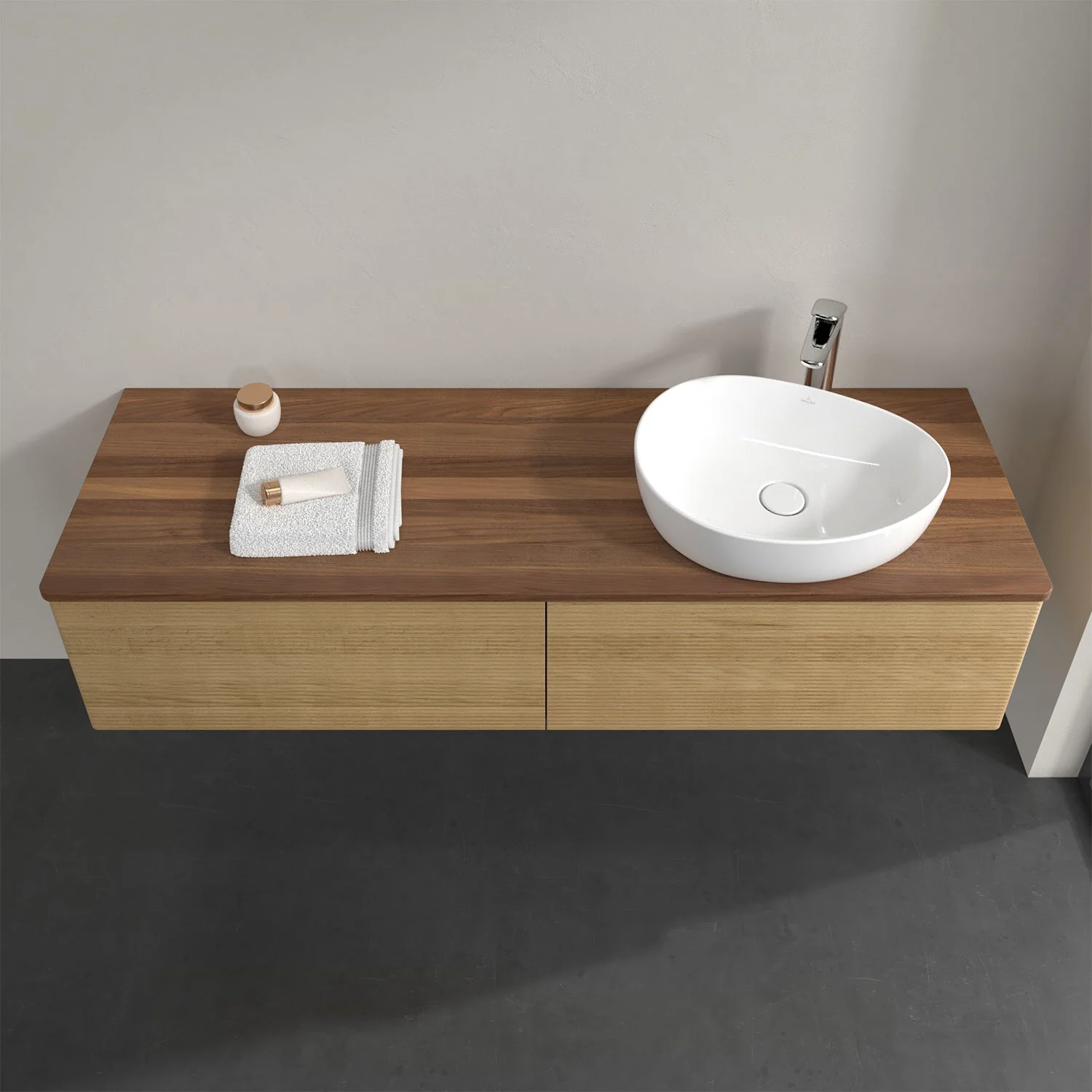 Umywalka z drewnianą powierzchnią i białą umywalką, Villeroy & Boch