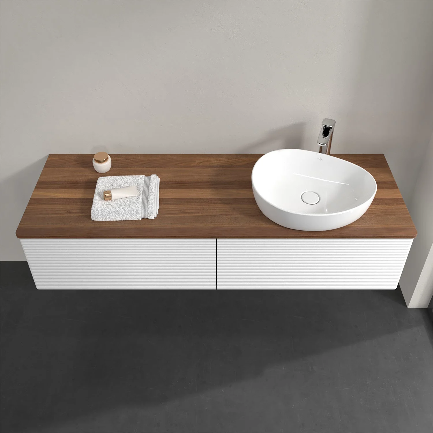 Umywalka z drewnianą powierzchnią i białą umywalką, Villeroy & Boch