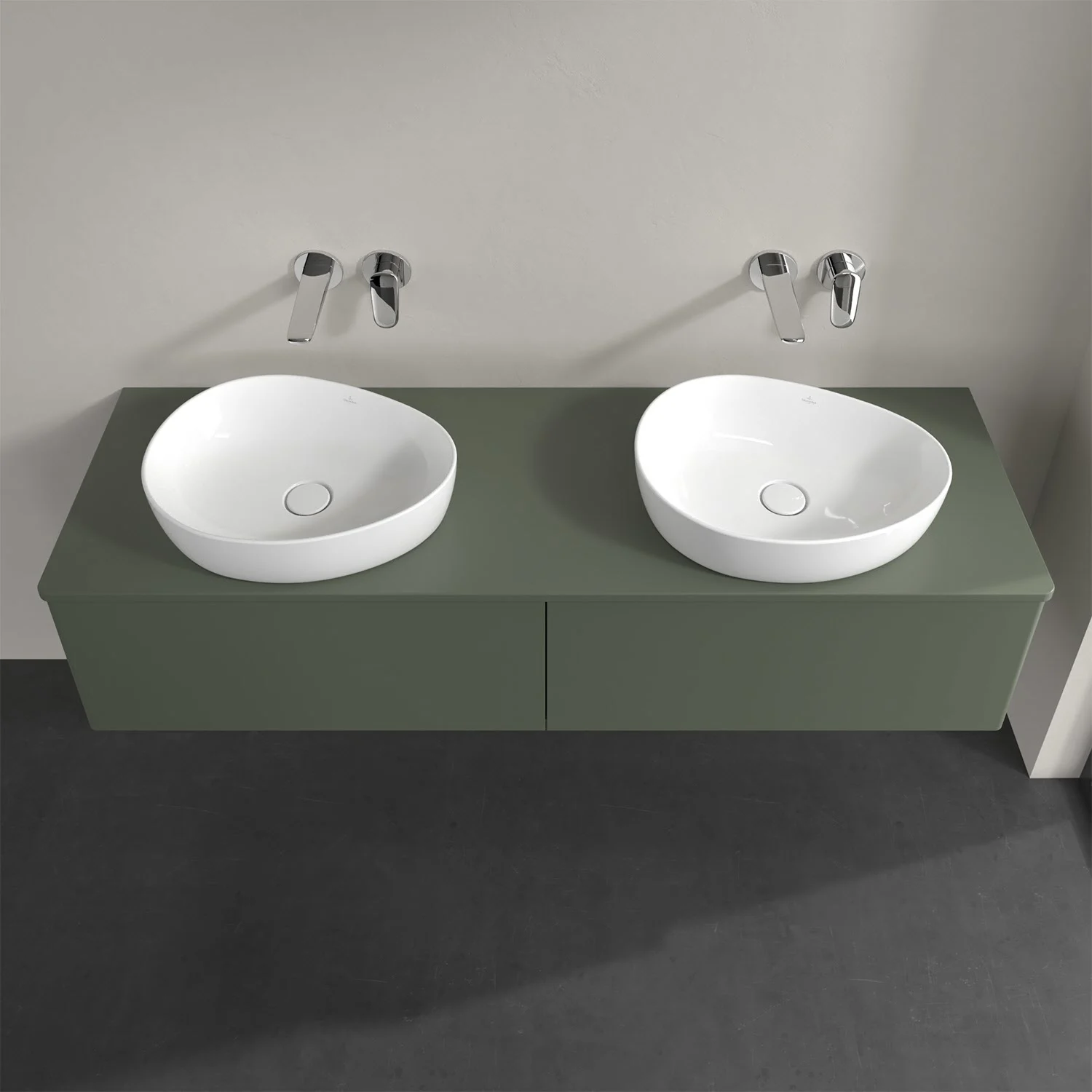 Podwójna umywalka na zielonej szafce, Villeroy & Boch